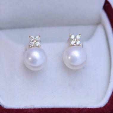 Elegant 10-11mm Freshwater Pearl Zirconia Leaf Earrings - Sterling Silver / Gold Vermeil